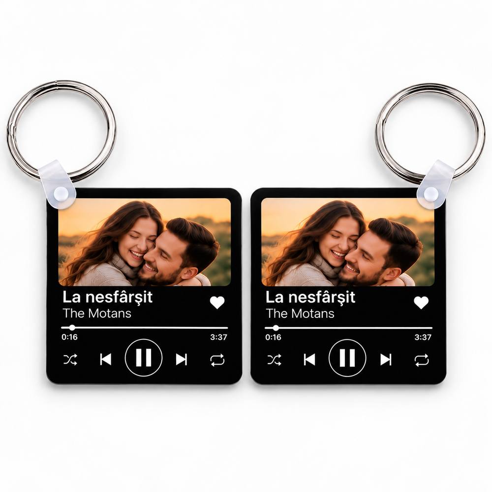 Două brelocuri personalizate cu poze și melodie