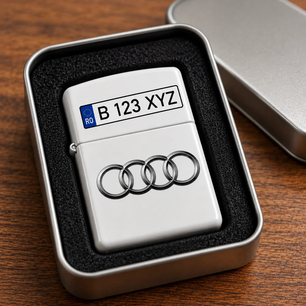 Fața brichetei personalizate cu sigla Audi