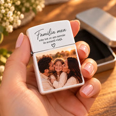 Brichetă albă tip Zippo personalizată cu fotografie și dedicație