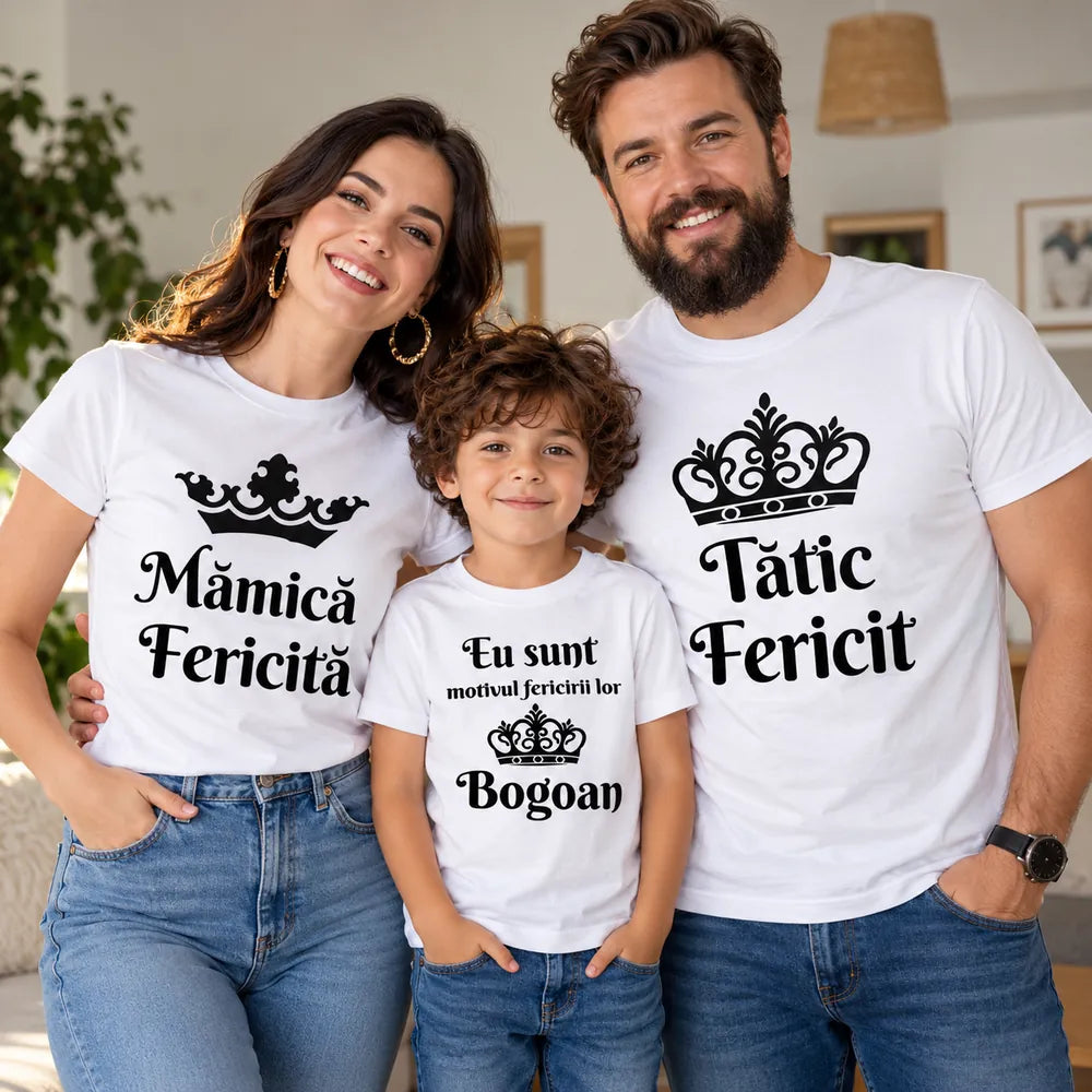 Set cadou de trei tricouri personalizate pentru familie, cu imprimeuri negre și simboluri de coroană