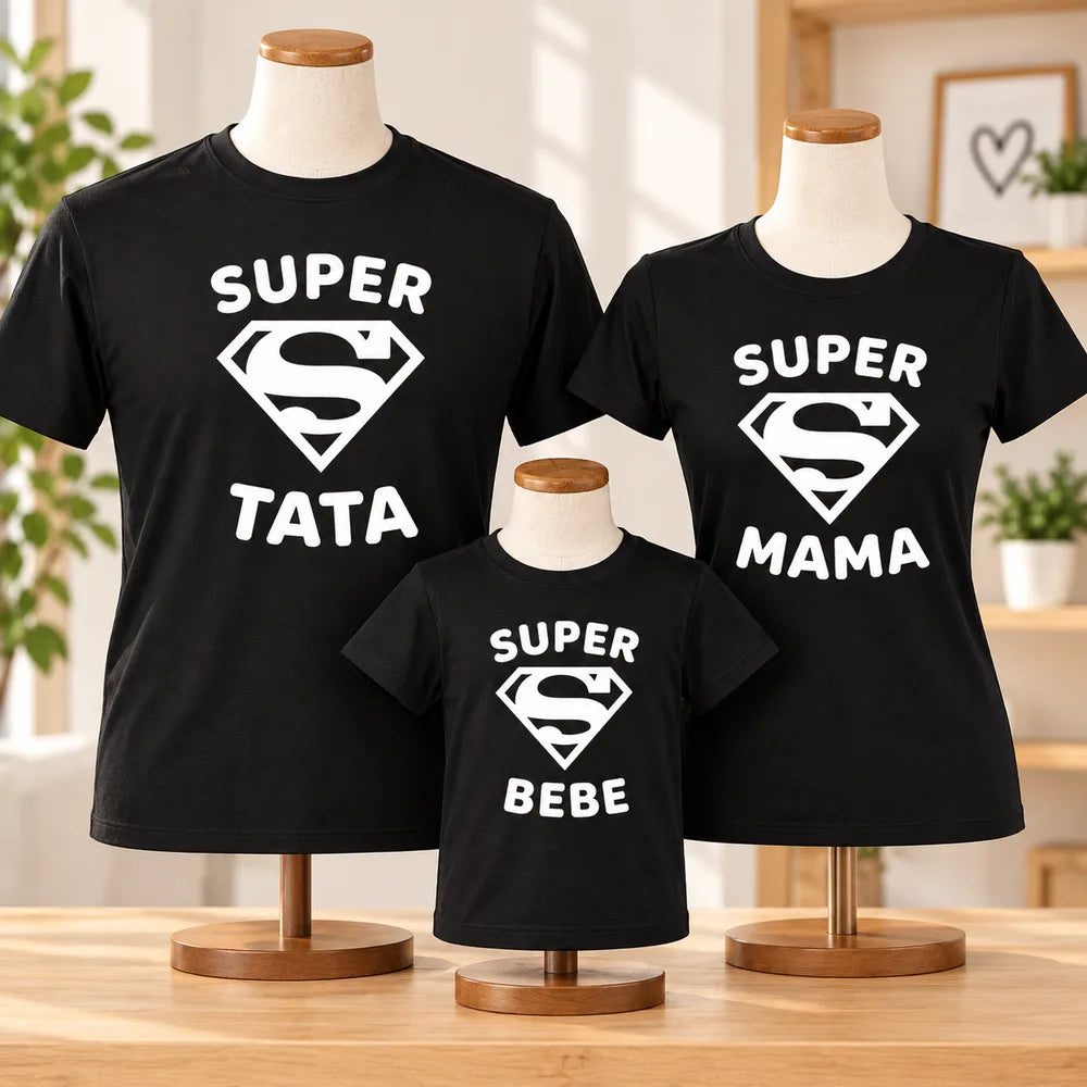 Set cadou pentru familie cu trei tricouri negre și simboluri albe inspirate de supereroi
