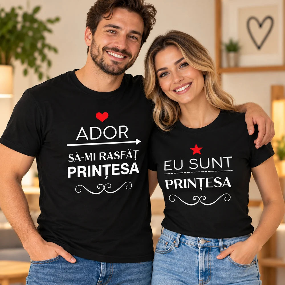 Set cadou pentru iubită și iubit cu două tricouri negre și mesaje romantice