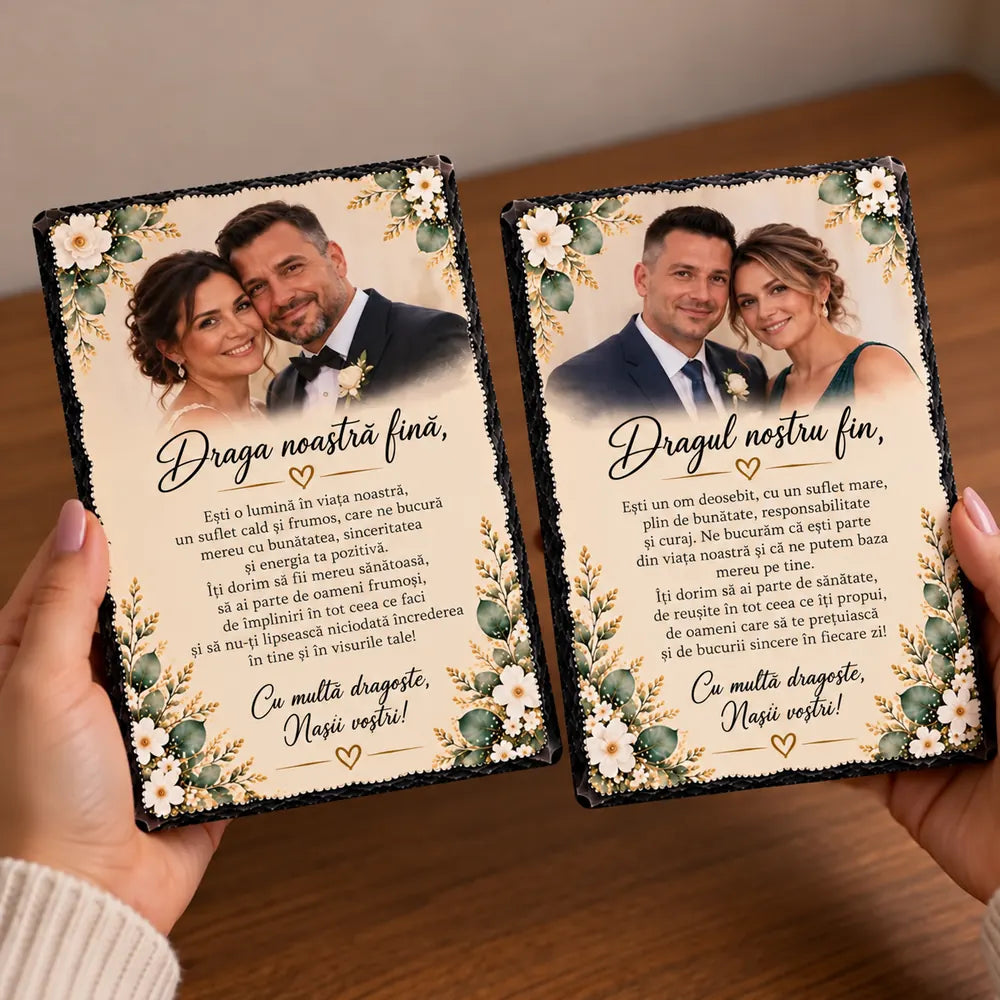 Cadou personalizat pentru fini de la nași, format din două plăci de ardezie cu mesaje emoționante