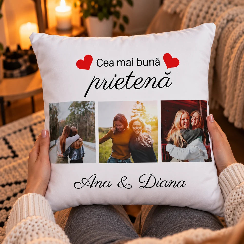 Cadou pentru cea mai bună prietenă, pernă personalizată cu fotografii și nume