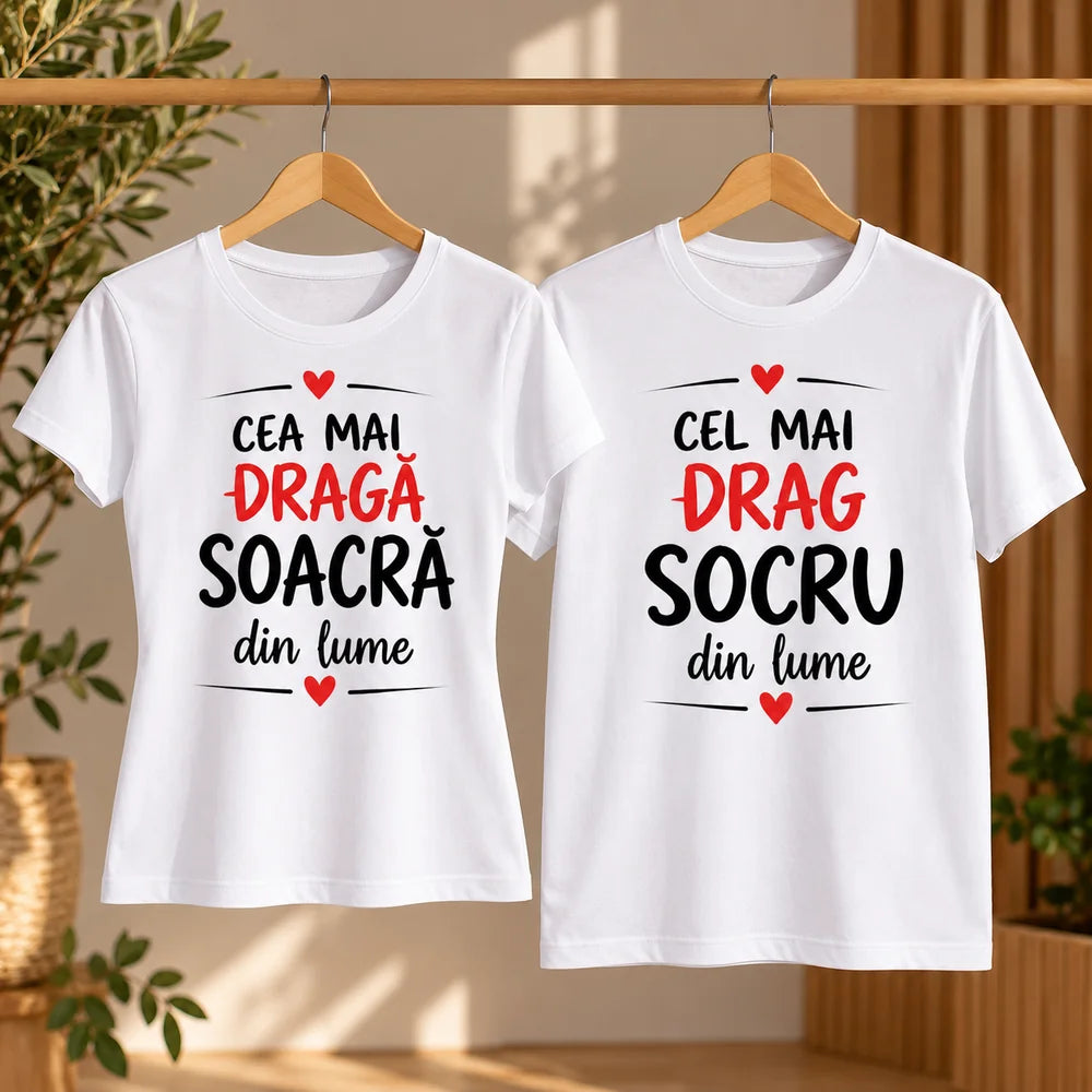 Set cadou pentru socri cu două tricouri albe și mesaje