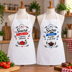 Set 2 șorțuri personalizate cu mesaj, cadou pentru soacră și socru