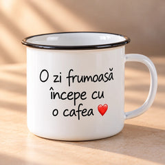Cană metalică emailată albă personalizată cu mesaj
