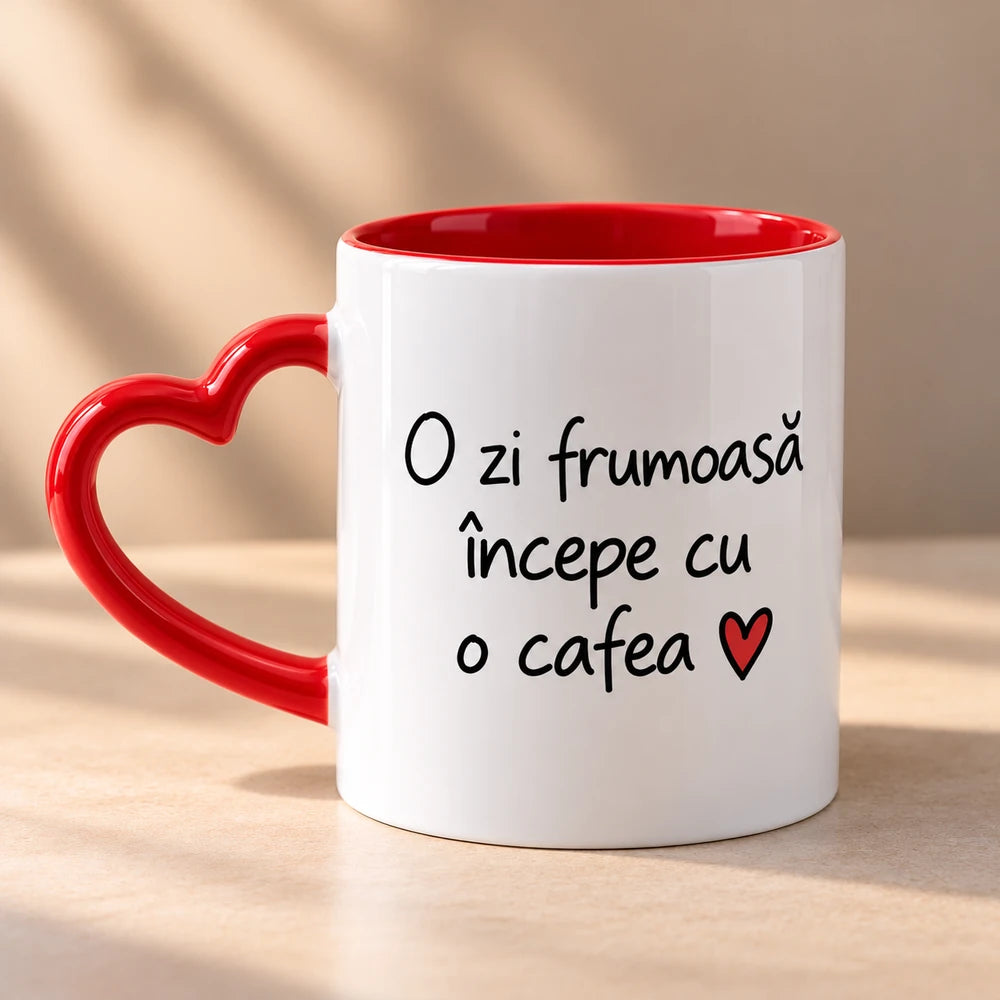 Cană personalizată cu mesaj, interior colorat și mâner în formă de inimă