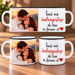 Cană metalică emailată albă personalizată cu poză și mesaj