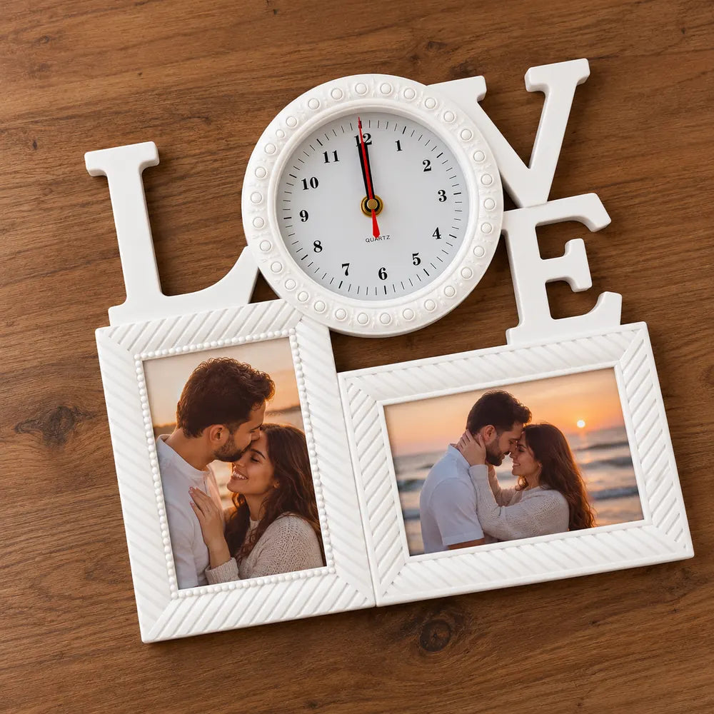 Ceas foto LOVE personalizat cu două fotografii de cuplu