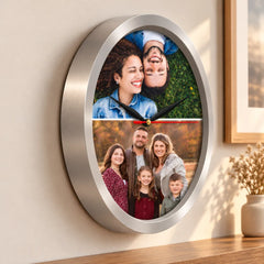 Ceas personalizat cu 2 poze de cuplu și familie, cu ramă argintie