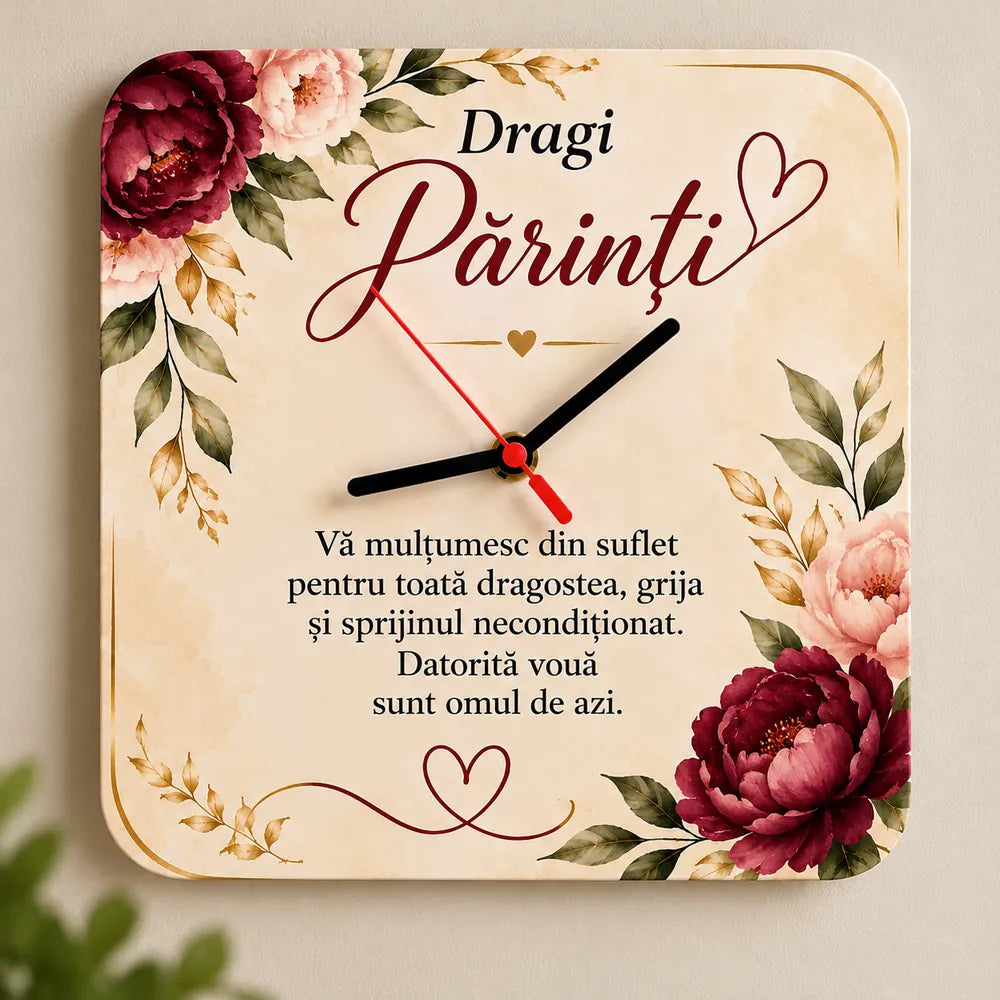 Mesaj de mulțumire pentru părinți imprimat pe un ceas personalizat