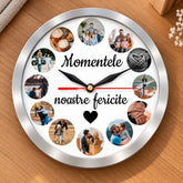 Ceas personalizat cu 12 poze de familie, ramă argintie și mesajul Momentele noastre fericite