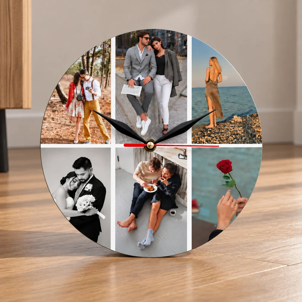 Ceas personalizat cu 6 poze, model rotund din MDF, cu fotografii de cuplu