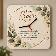 Ceas personalizat cu mesaj de mulțumire pentru socri și design floral