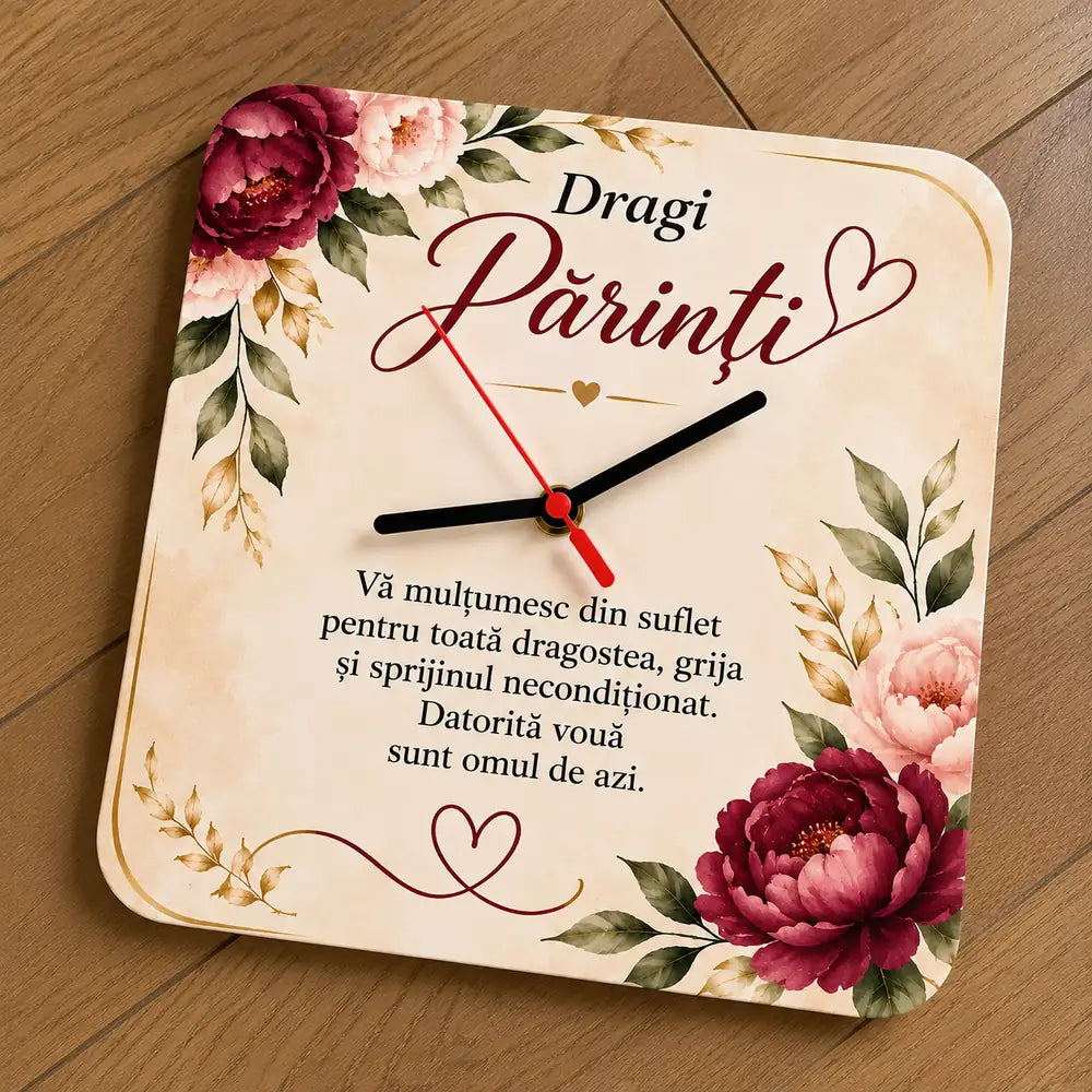 Ceas personalizat pentru părinți cu mesaj de mulțumire și flori decorative