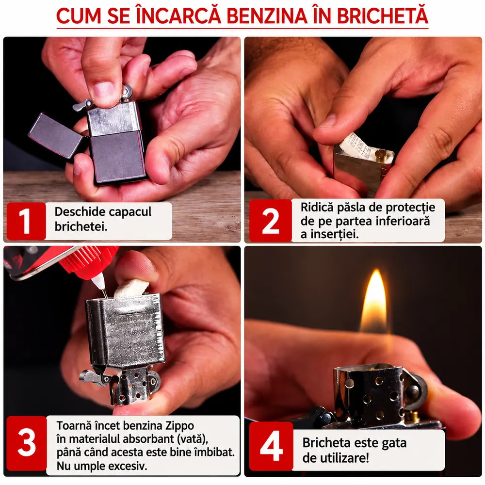 Ghid ilustrat în 4 pași pentru alimentarea unei brichete tip Zippo cu benzină