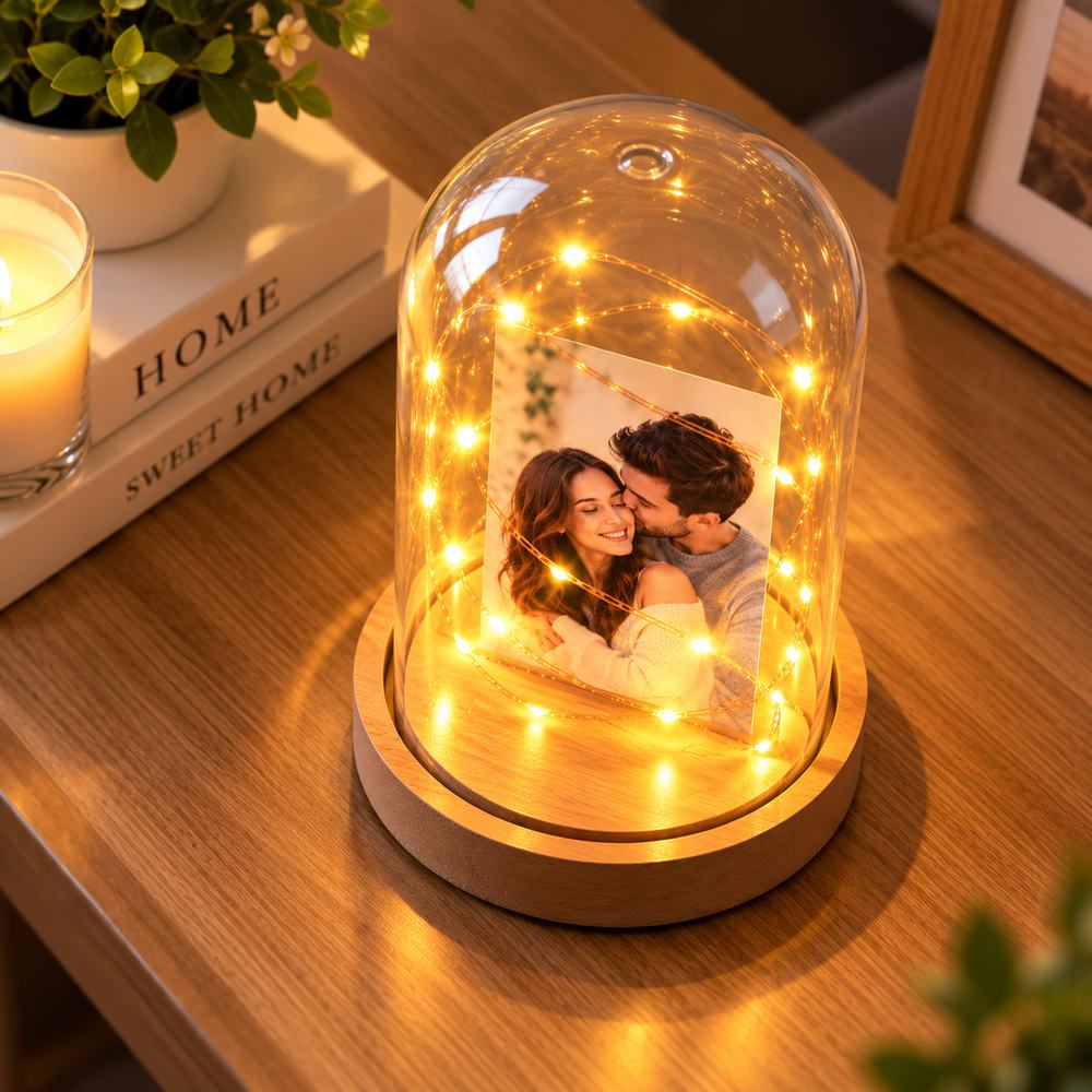 Glob foto LED personalizat cu două fotografii imprimate față-verso, sub o cupolă transparentă cu luminițe calde