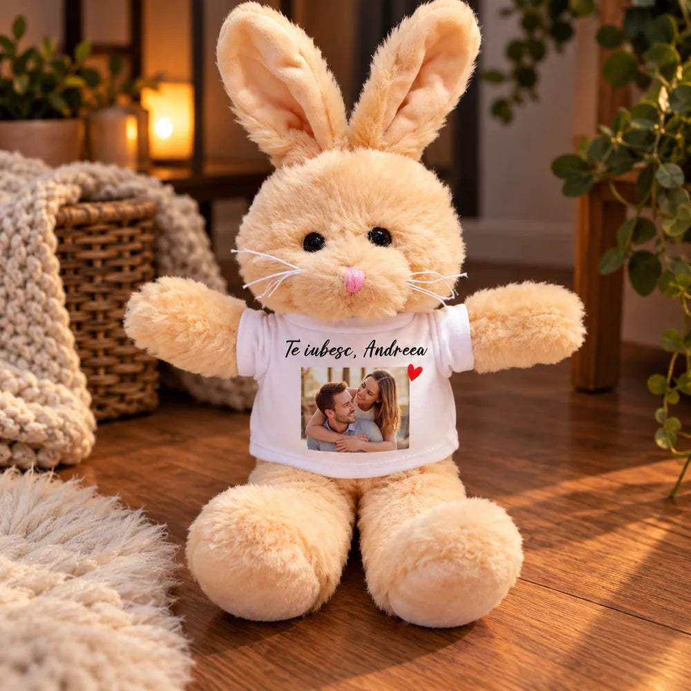 Iepure de pluș personalizat cu poză și mesaj