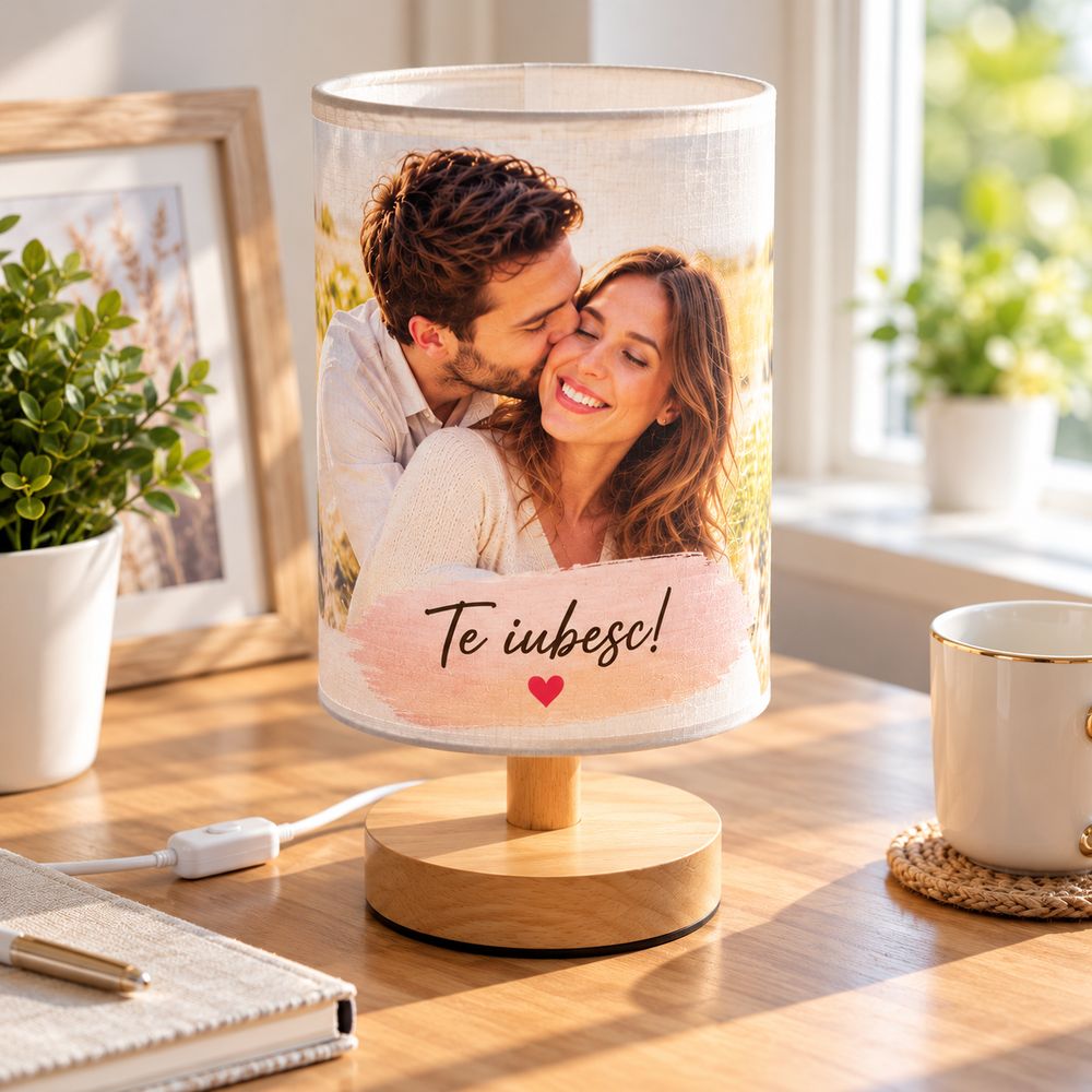 Lampă foto LED personalizată cu poză și mesaj, cu abajur cilindric și bază rotundă
