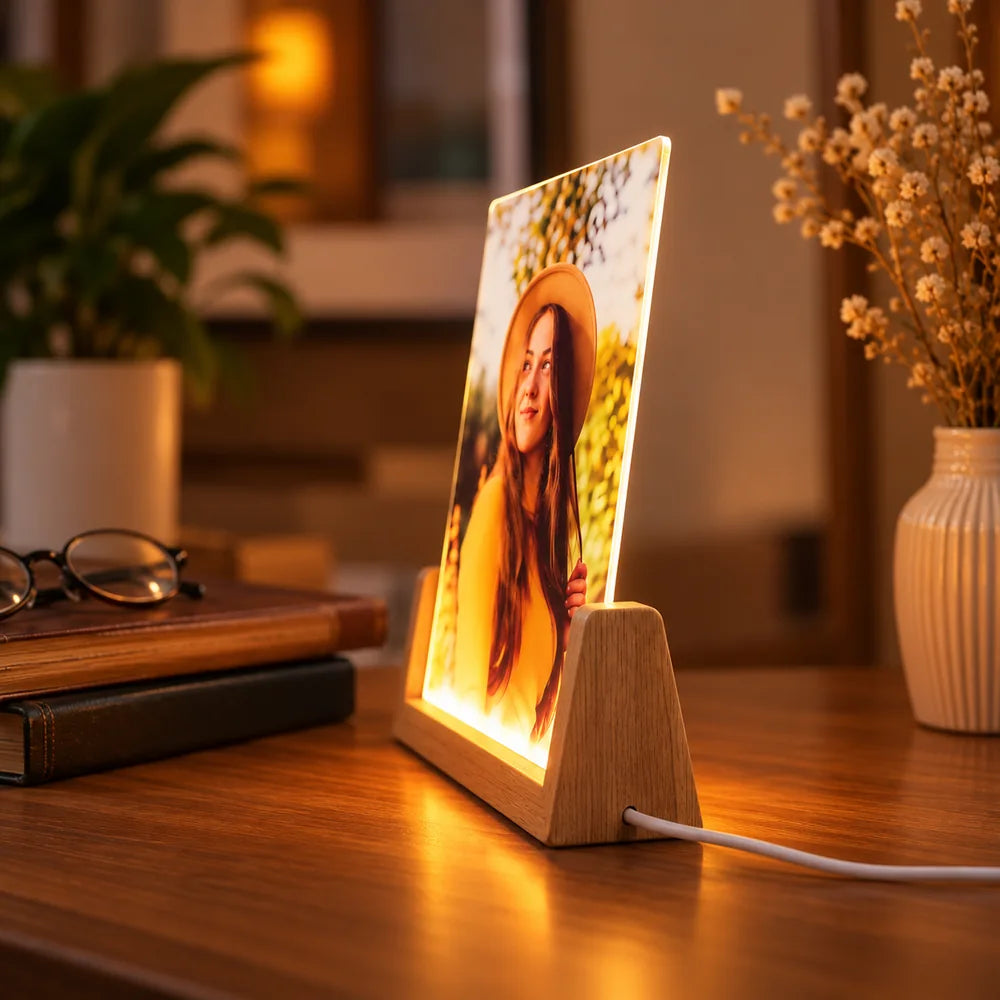 Lampă LED personalizată cu poză, suport din lemn și lumină caldă