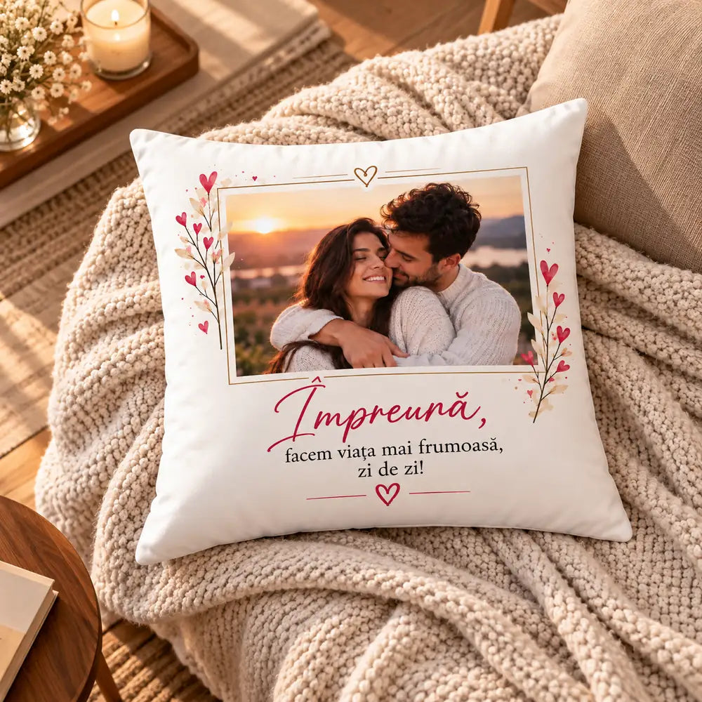 Pernă albă personalizată cu fotografie și text