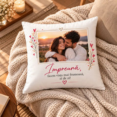 Pernă albă personalizată cu fotografie și text