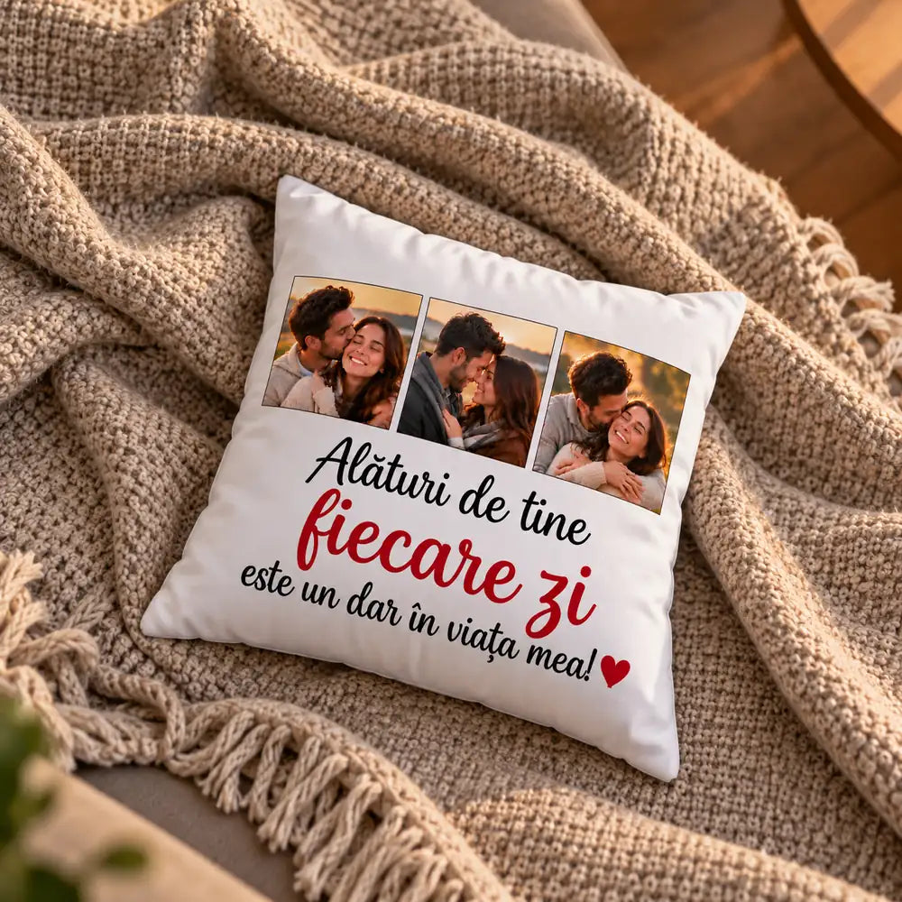 Pernă personalizată cu 3 poze de cuplu, cadou romantic pentru iubit sau iubită