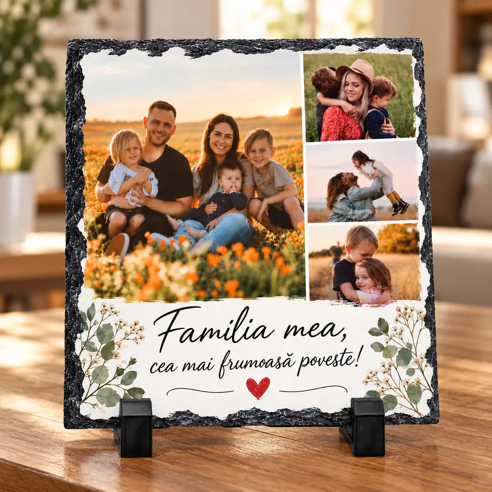Placă ardezie pătrată personalizată cu 4 poze și mesaj