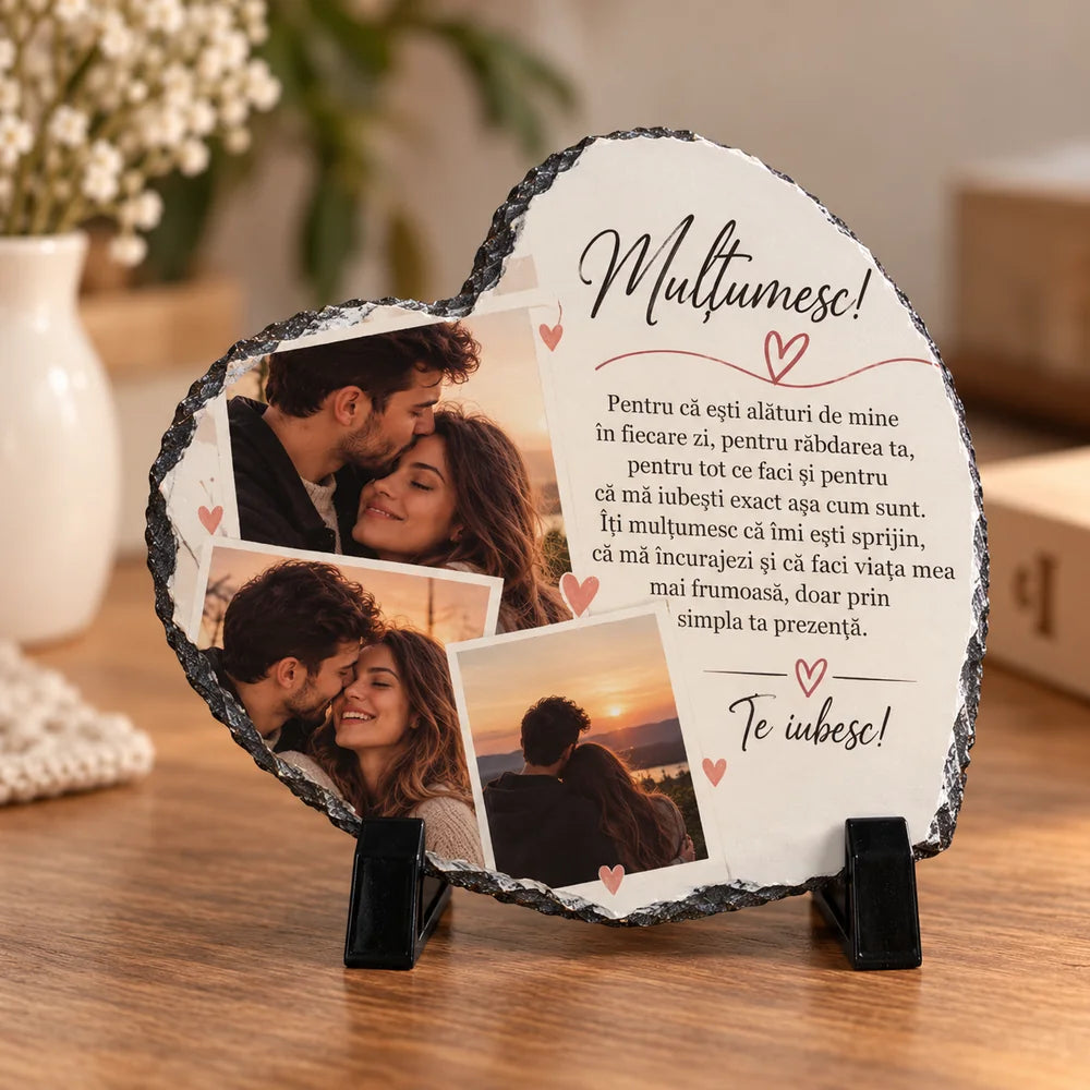 Placă ardezie în formă de inimă personalizată cu 3 poze și mesaj