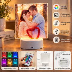 Plachetă LED RGB cu poză personalizată și telecomandă, prezentare a culorilor și opțiunilor de iluminare