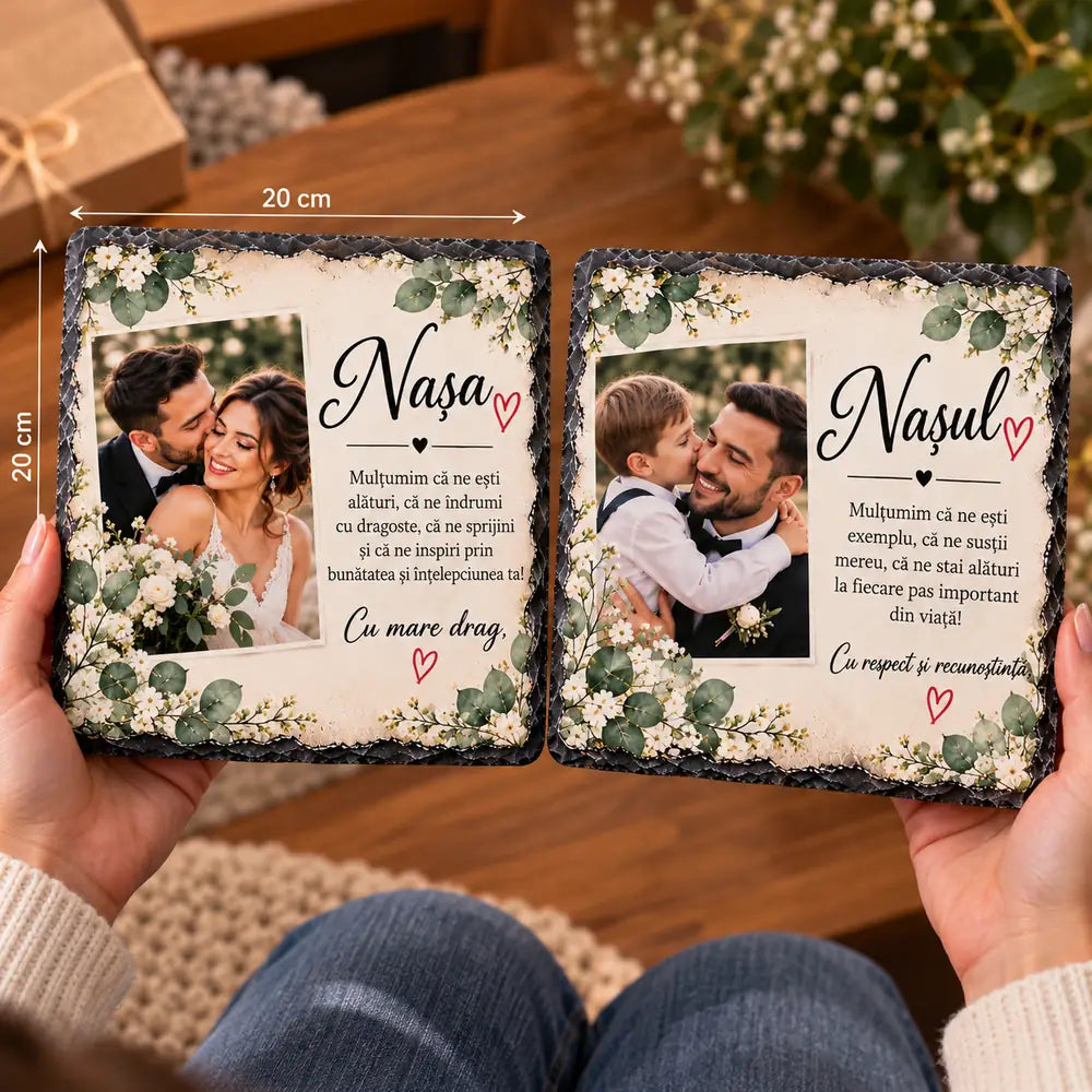 Cadou personalizat pentru nași – set 2 plăci ardezie 20x20 cm