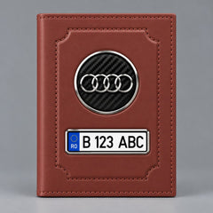 Portofel maro pentru acte auto Audi, din piele, cu emblemă și număr de înmatriculare personalizat
