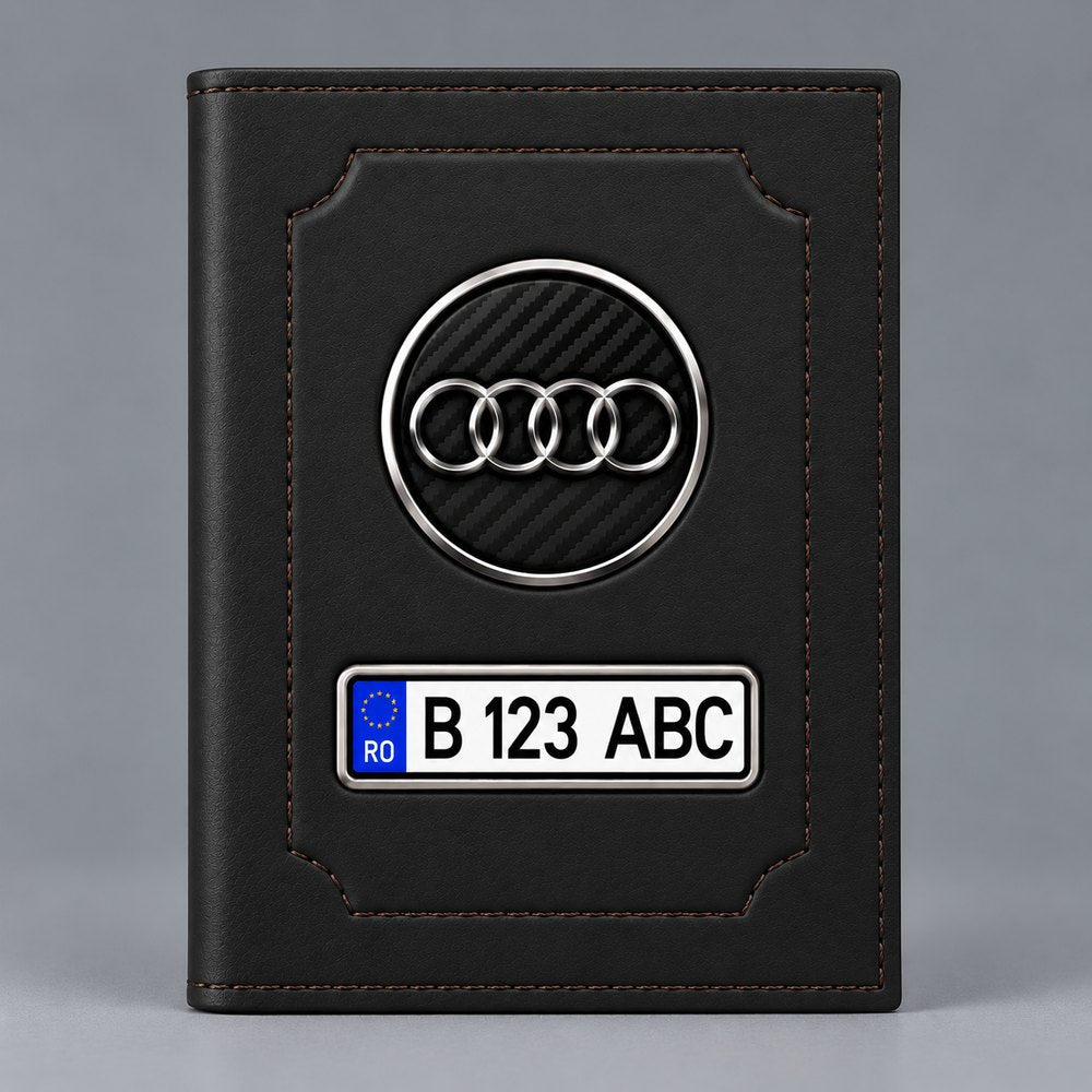 Portofel pentru acte auto Audi negru mat, cu emblemă și plăcuță personalizată cu numărul mașinii