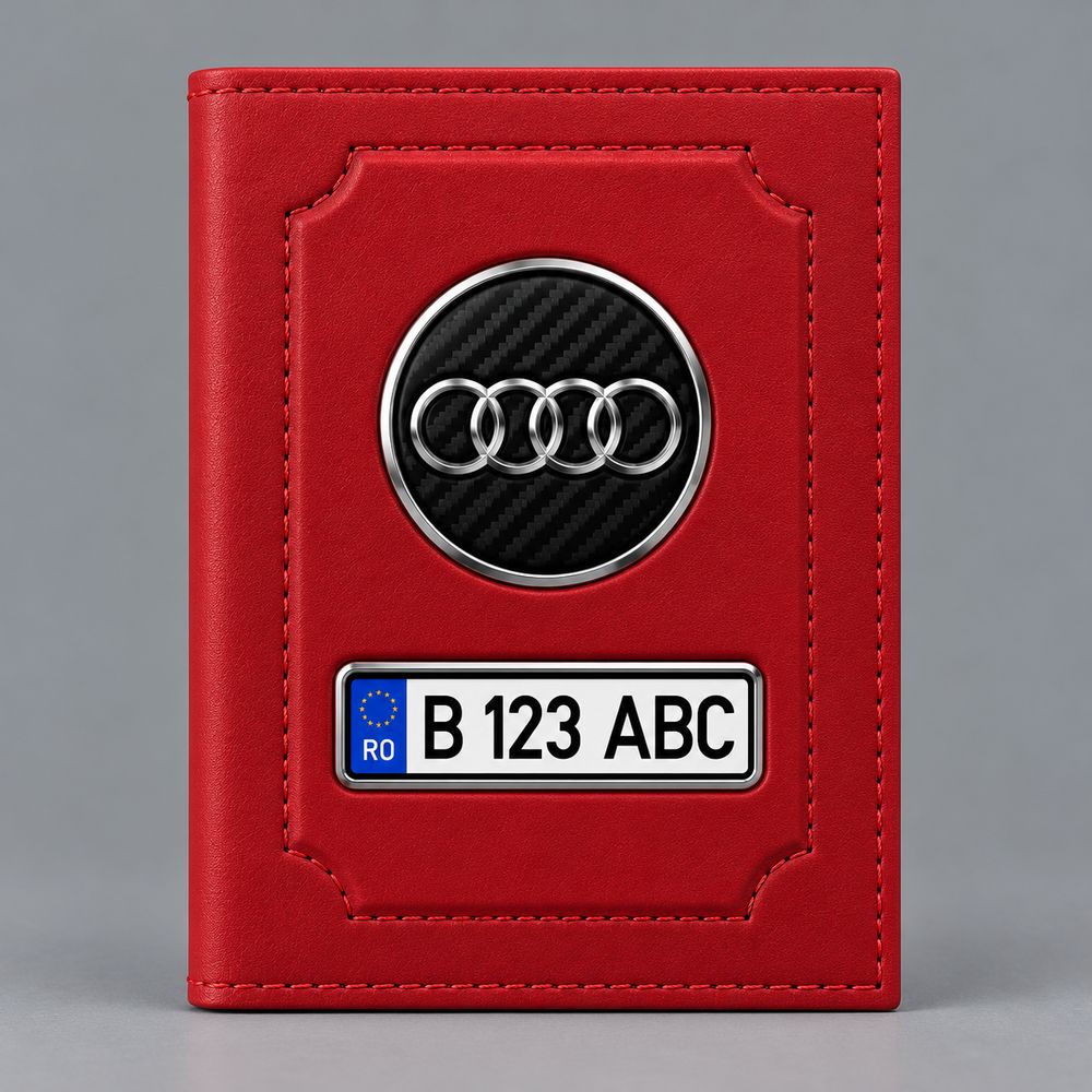Portofel de acte auto Audi roșu, personalizat cu sigla mărcii și plăcuță cu numărul de înmatriculare