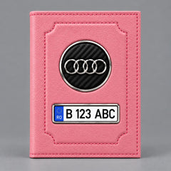 Portofel roz pentru acte auto Audi, cu emblemă și număr de înmatriculare personalizat