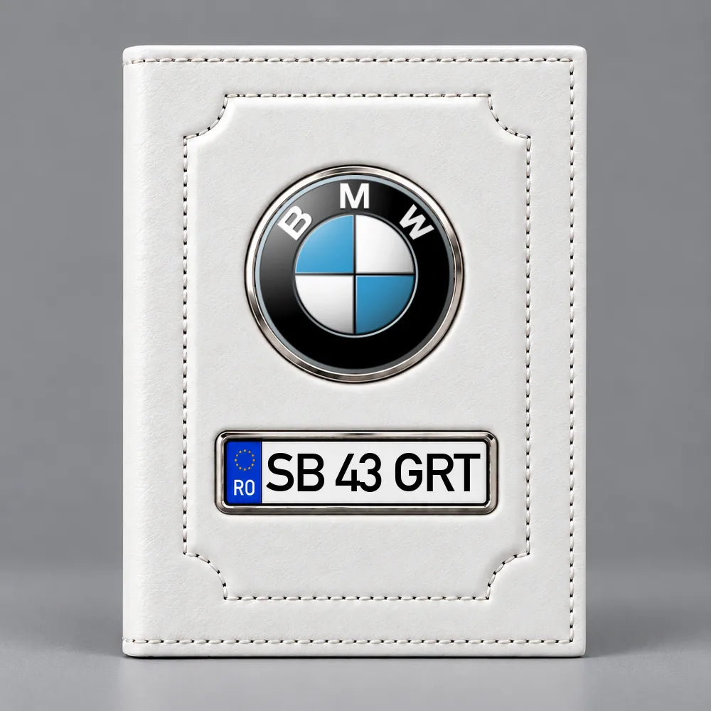 Portofel acte auto personalizat BMW, alb, cu emblemă și număr de înmatriculare personalizabil
