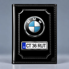 Portofel de acte auto BMW negru lucios, cu siglă și plăcuță cu numărul de înmatriculare personalizabil