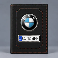 Portofel pentru acte auto BMW negru mat, cu siglă și plăcuță pentru numărul de înmatriculare