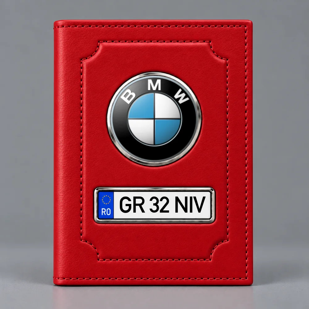 Portofel de acte auto BMW roșu, cu sigla mărcii și plăcuță personalizată cu numărul mașinii