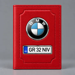 Portofel de acte auto BMW roșu, cu sigla mărcii și plăcuță personalizată cu numărul mașinii