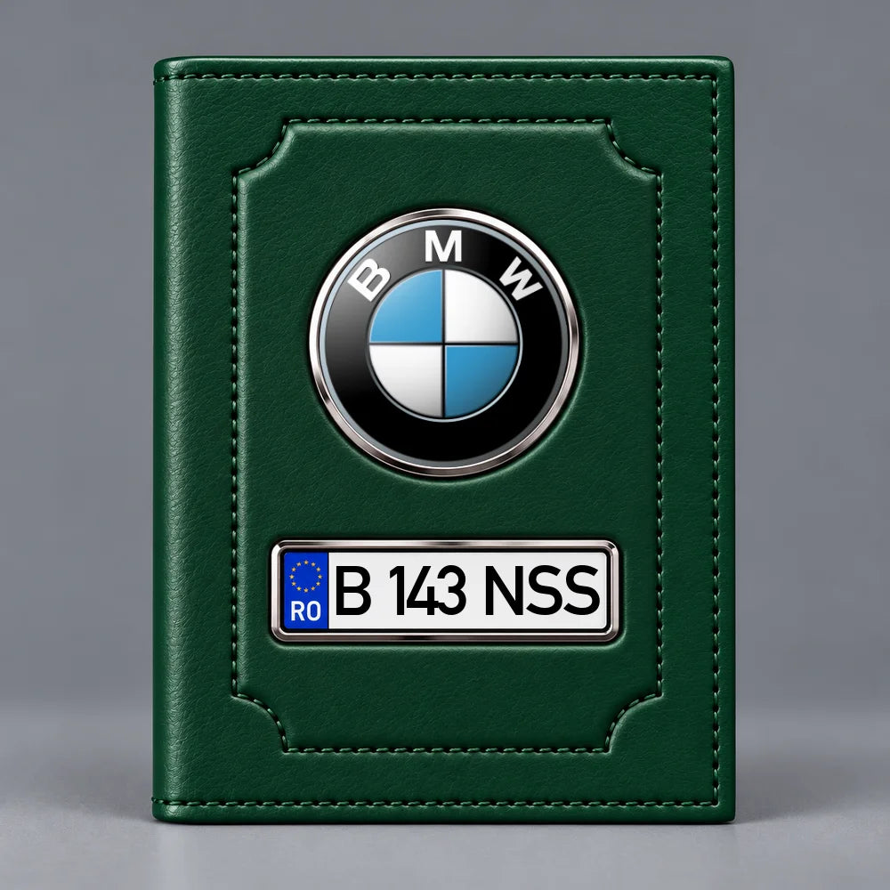Portofel verde pentru documente auto BMW, cu emblemă și număr de înmatriculare personalizabil