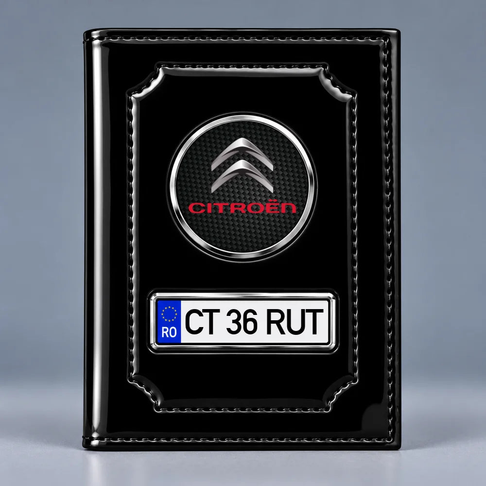 Portofel acte auto Citroen negru lucios, cu siglă Citroen și plăcuță personalizabilă cu numărul mașinii