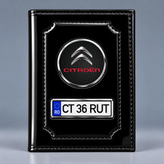 Portofel acte auto Citroen negru lucios, cu siglă Citroen și plăcuță personalizabilă cu numărul mașinii