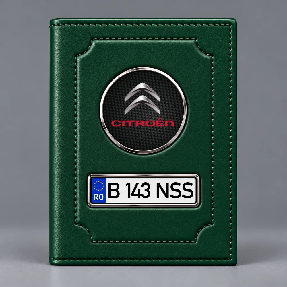 Portofel verde pentru documente auto Citroen, cu emblemă și număr de înmatriculare personalizabil