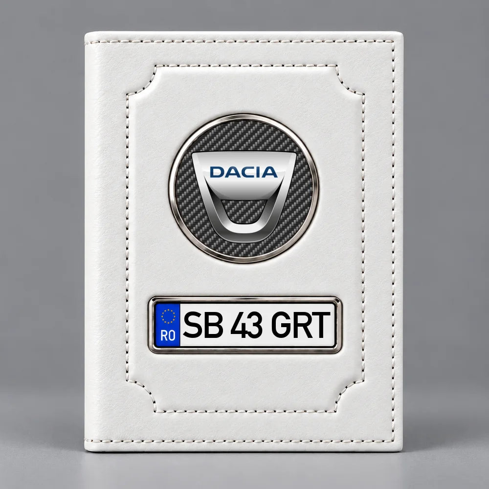 Portofel alb pentru documente auto Dacia, cu siglă Dacia și plăcuță decorativă personalizabilă