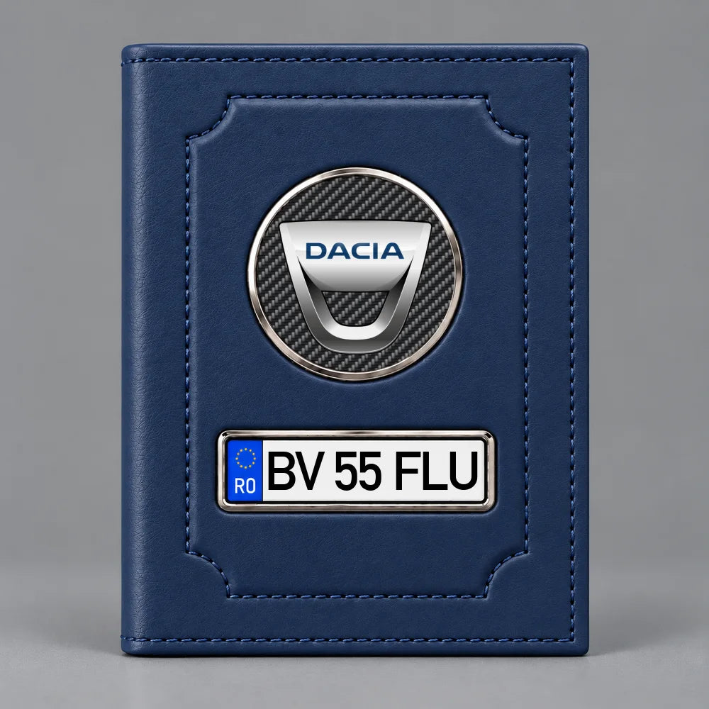 Portofel pentru acte auto Dacia albastru, cu sigla mărcii și plăcuță pentru numărul de înmatriculare