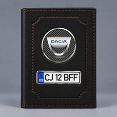 Portofel acte auto Dacia negru mat, cu emblemă și număr de înmatriculare personalizabil