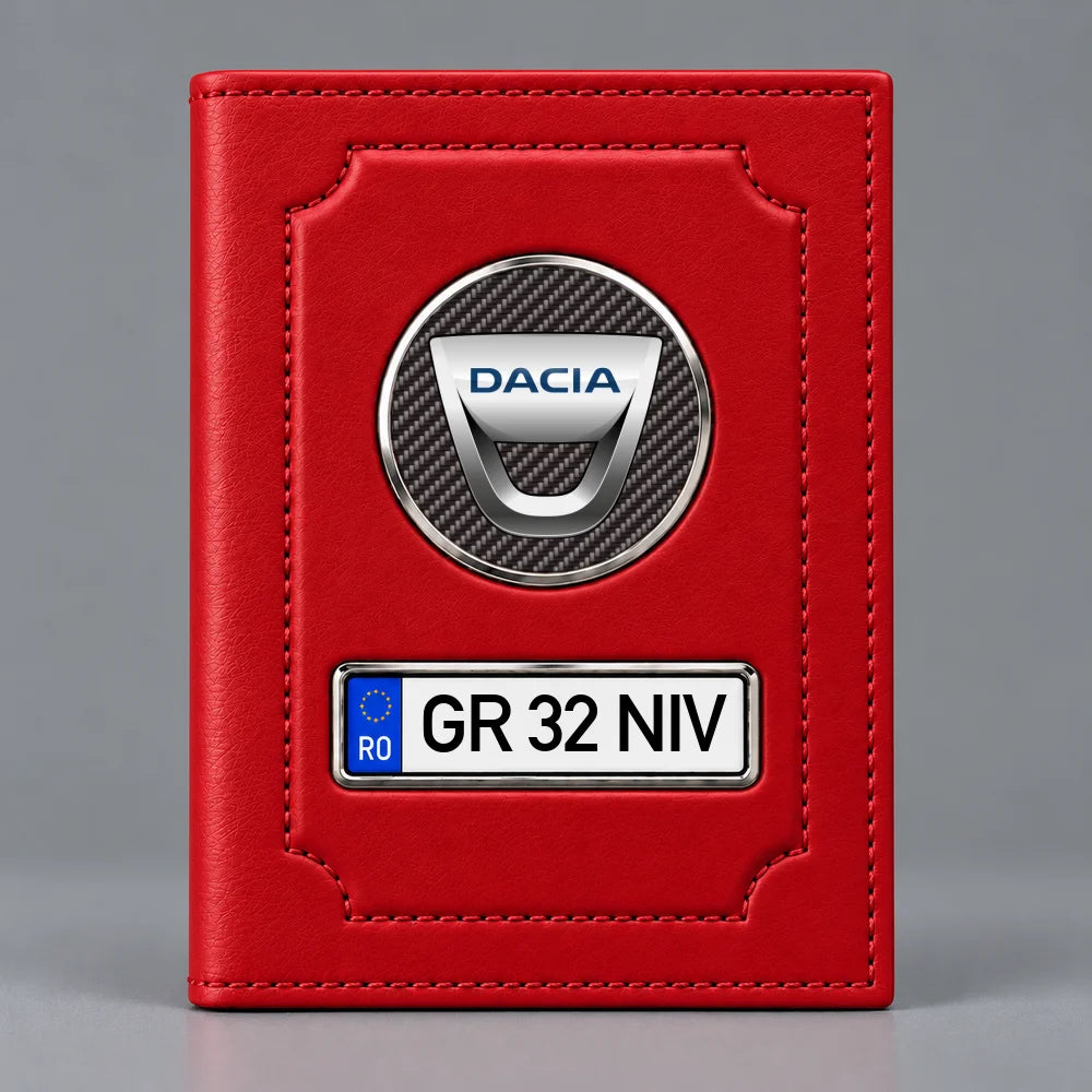 Portofel roșu pentru acte auto Dacia, cu emblemă și număr de înmatriculare personalizat