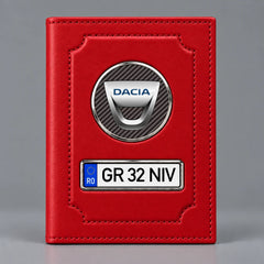 Portofel roșu pentru acte auto Dacia, cu emblemă și număr de înmatriculare personalizat